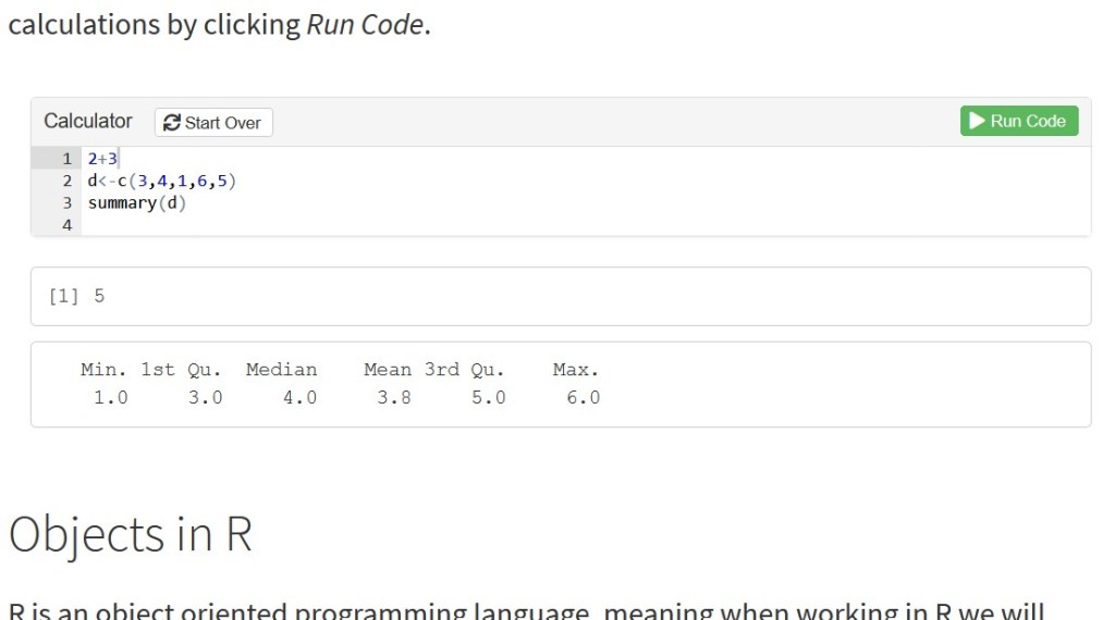 A screenshot from Teacups, Giraffes, & Statistics that shows the interactive R windows. The user demonstrated adding 2 and 3, saving a 5-number vector, and summarizing the vector.