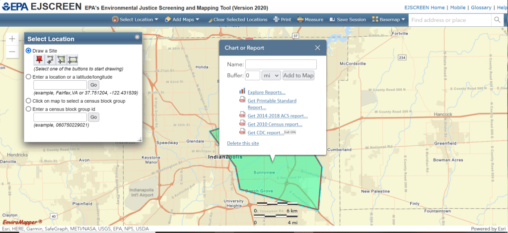 Screenshot from EJScreen where a location of interest over eastern Indianapolis is highlighted in green. There are two small popup windows-- one with various options for selecting a location of interest, and another for generating a chart or report.