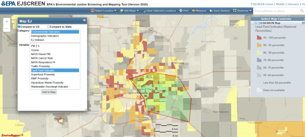 Lead Paint Indicator risk map in Indianapolis from EJSCREEN. There are a a few areas of noticably higher risk, many of which are centered on I-70
