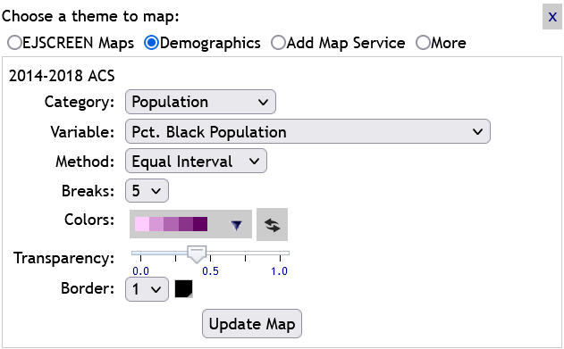 A popout window summarizing the data options in EJSCREEN side-by-side maps, including data categories, variables, number of breaks and method of defining breaks, colors, and transparency